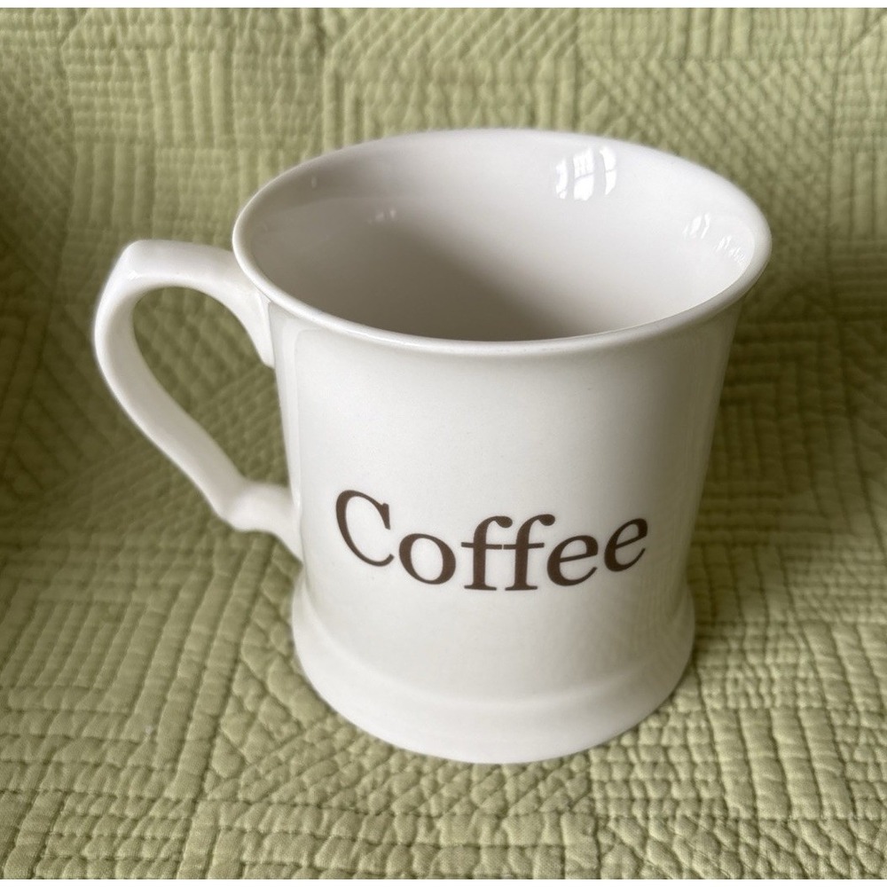 Grace Fine Porcelain Coffee Mug White Brown Lettering Classic "Coffee" Cup